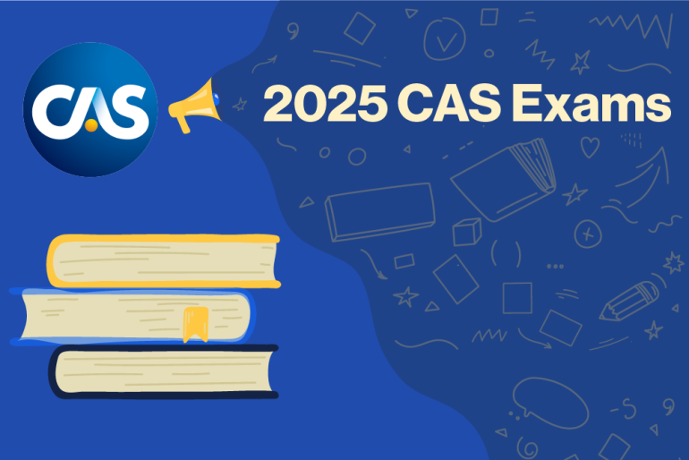 A blue-themed graphic for the 2025 CAS Exams. On the left side, the CAS logo appears above a small stack of three books, one with a bookmark. To the right, bold white text reads “2025 CAS Exams”, with background illustrations of books, pencils, shapes, and symbols.