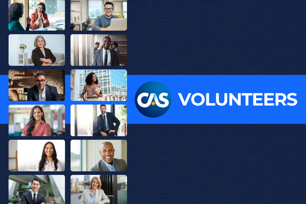 A collage of diverse professionals smiling and working in various office settings surrounds a central banner. The banner features the CAS logo and the word 'VOLUNTEERS' in bold white text on a bright blue background.