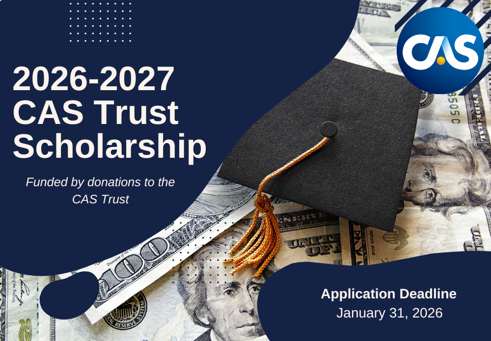 2026–2027 CAS Trust Scholarship announcement with a graduation cap on dollar bills. Application deadline: January 31, 2026. CAS logo shown.