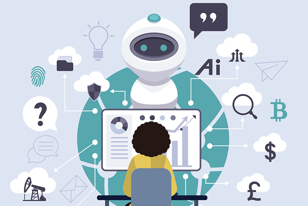 A person sits at a desk viewing charts on a computer while a large robot stands behind them. Various icons representing data, security, communication, and finance surround the scene, symbolizing artificial intelligence assisting with analysis and decision-making.