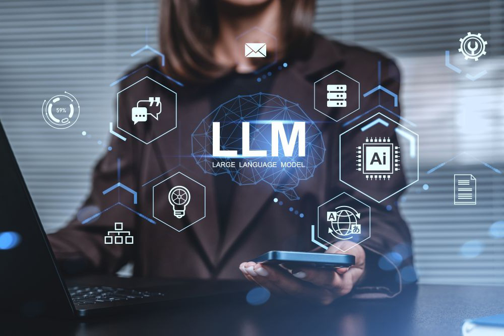 Business professional using a laptop and smartphone with digital graphics showing “LLM – Large Language Model” and AI-related icons around a brain illustration.