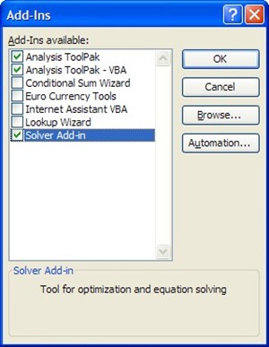 Bring Analysis ToolPak, Analysis ToolPak - VBA, or Solver Add-In