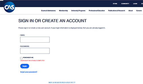 CAS website login page