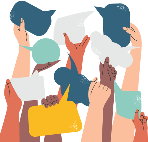 illustration of arms of various skin tones holding up blank speech bubbles of various colors