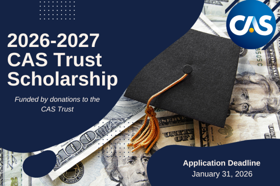 2026–2027 CAS Trust Scholarship announcement with a graduation cap on dollar bills. Application deadline: January 31, 2026. CAS logo shown.