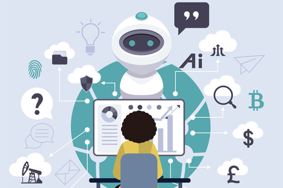 A person sits at a desk viewing charts on a computer while a large robot stands behind them. Various icons representing data, security, communication, and finance surround the scene, symbolizing artificial intelligence assisting with analysis and decision-making.