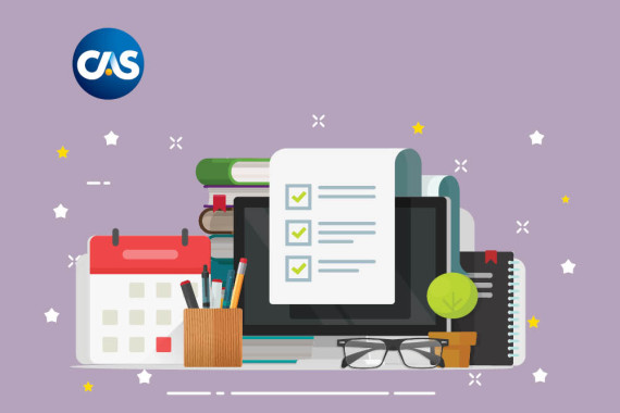 An illustration of a desk workspace with a computer displaying a checklist, surrounded by books, a calendar, stationery, and a small plant, with the CAS logo in the top left corner.