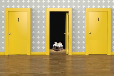 Three yellow doors labeled 1, 2, 3. Door 2 is open and bags of money are on the floor behind it.