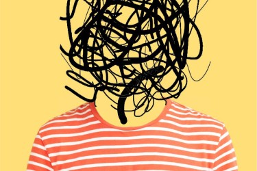 Photo of upper body wearing red striped shirt with a ball of scribbles instead of a head