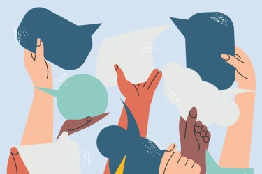 illustration of multi-colored hands holding up speech bubbles