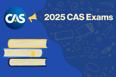 A blue-themed graphic for the 2025 CAS Exams. On the left side, the CAS logo appears above a small stack of three books, one with a bookmark. To the right, bold white text reads “2025 CAS Exams”, with background illustrations of books, pencils, shapes, and symbols.