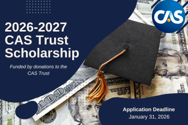 2026–2027 CAS Trust Scholarship announcement with a graduation cap on dollar bills. Application deadline: January 31, 2026. CAS logo shown.