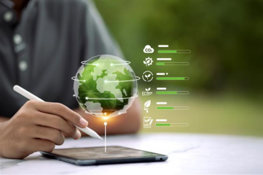 Futuristic digital graphic with globe and icons