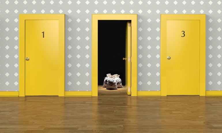 Three yellow doors labeled 1, 2, 3. Door 2 is open and bags of money are on the floor behind it.