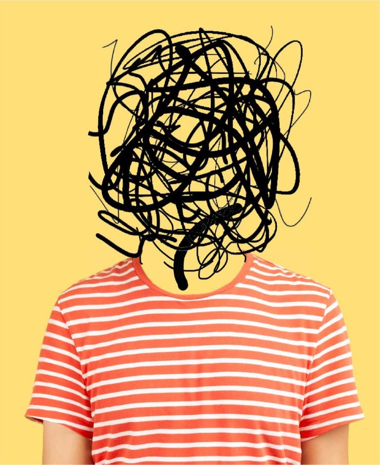 Photo of upper body wearing red striped shirt with a ball of scribbles instead of a head