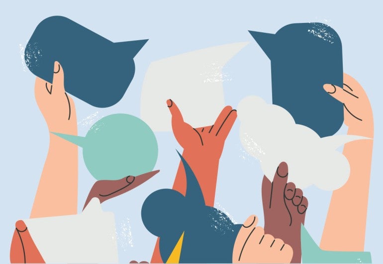 illustration of multi-colored hands holding up speech bubbles