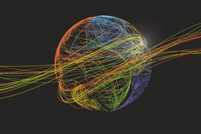 multicolor lines moving through globe