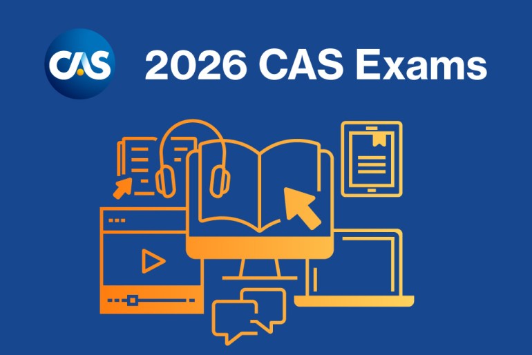 A blue background graphic with the CAS (Casualty Actuarial Society) logo in the top left corner and the text "2026 CAS Exams" in bold white letters. Below, orange line-art icons represent study and digital learning tools, including an open book with a cursor, headphones, a laptop, a tablet, a video player, and chat bubbles, symbolizing exam preparation resources.