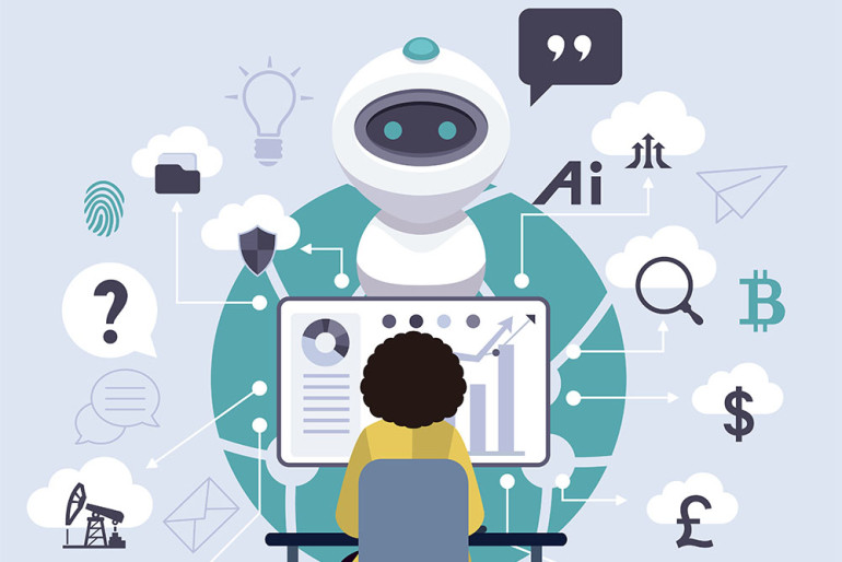 A person sits at a desk viewing charts on a computer while a large robot stands behind them. Various icons representing data, security, communication, and finance surround the scene, symbolizing artificial intelligence assisting with analysis and decision-making.