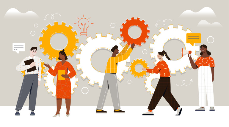 Illustration of a diverse group of people working together with large gears, representing teamwork and collaboration.