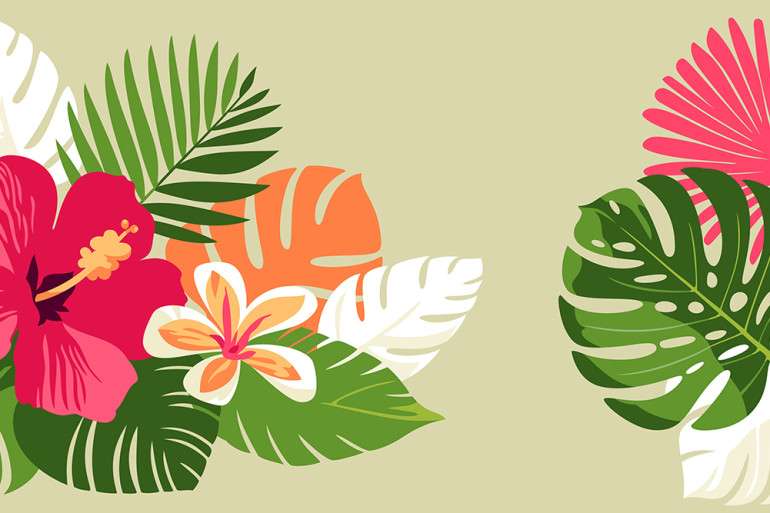 Tropical flowers and large green leaves on a light beige background.