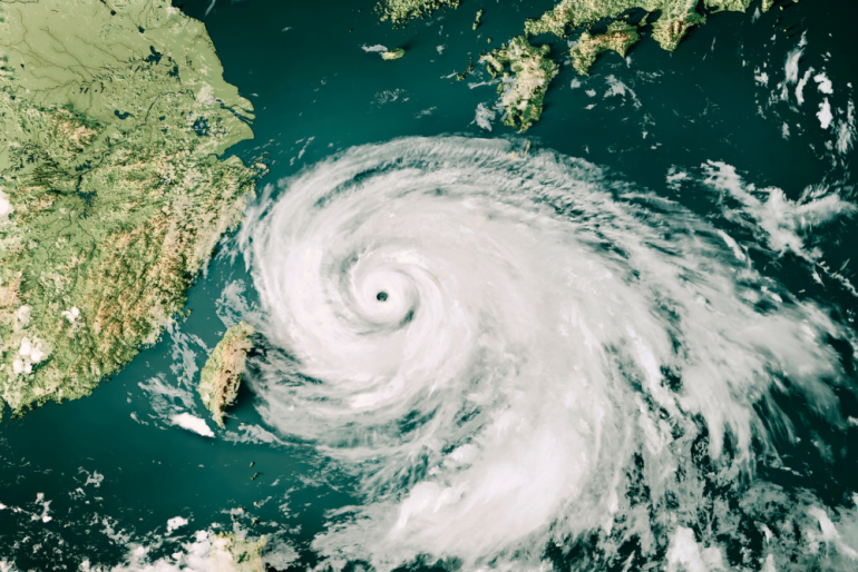 Satelite image of a typhoon moving through ocean